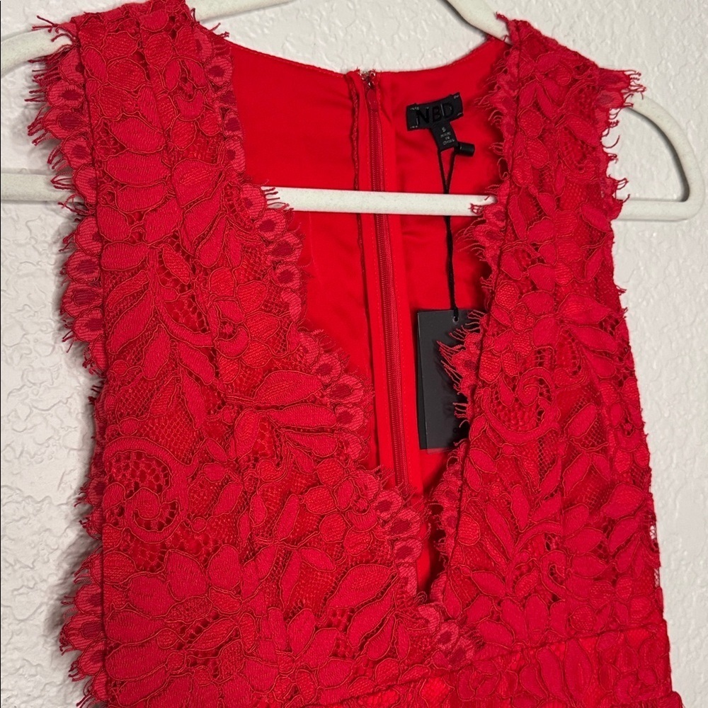 NWT Revolve NBD Champagne Mini Dress Red Lace Size Small Deep V Neck - Picture 3 of 6